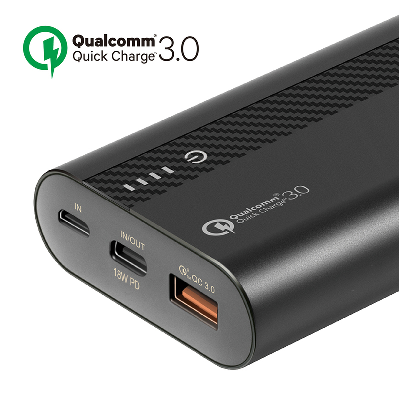 Promate 10000mAh PowerTank-20 Qualcomm QC3.0 Powerbank, Aluminium Portable USB Type-C Input/Output 18W Power Delivery, Over Charging Protection for iPhone XS/XS Max, Samsung S9+, iPad, Black